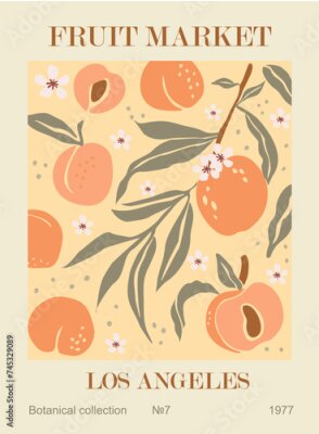 Poster  Abstract Fruit Market Los Angeles retro poster. Trendy contemporary wall art with peach design in danish pastel colors. Modern naive groovy funky interior decoration, painting. Vector illustration.