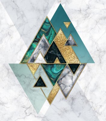 Poster  abstract geometric background, modern marble mosaic inlay, malachite green triangles, black white stone textures, golden foil. Fashion marbling illustration, art deco wallpaper