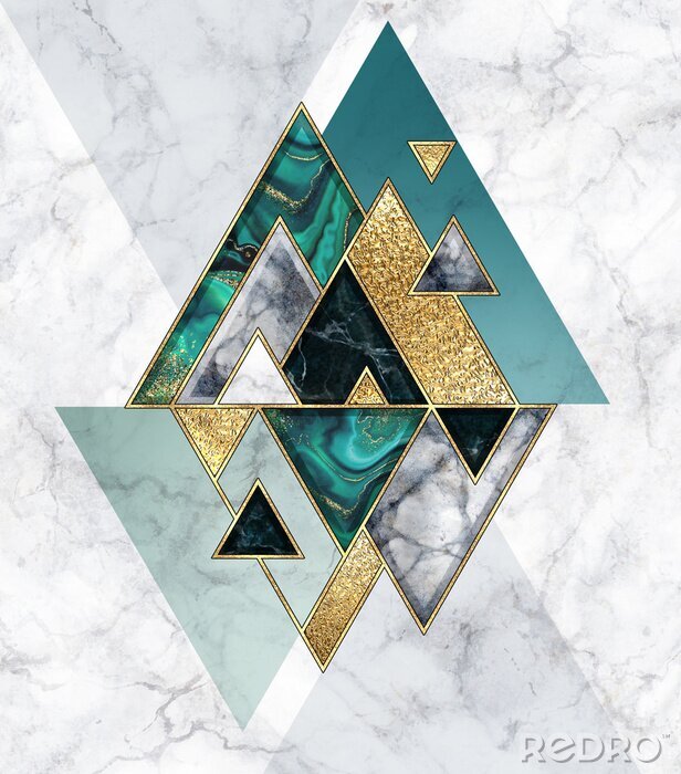 Poster  abstract geometric background, modern marble mosaic inlay, malachite green triangles, black white stone textures, golden foil. Fashion marbling illustration, art deco wallpaper