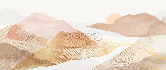 Poster  Abstract Mountain background vector. Minimal landscape art with watercolor brush and golden line texture. Abstract art wallpaper for prints, Art Decoration, wall arts and canvas prints. 