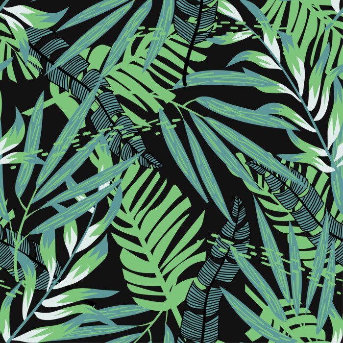 Poster  Abstract seamless pattern with colorful tropical leaves and plants on black background. Vector design. Jungle print. Floral background. Printing and textiles. Exotic tropics. Summer design.