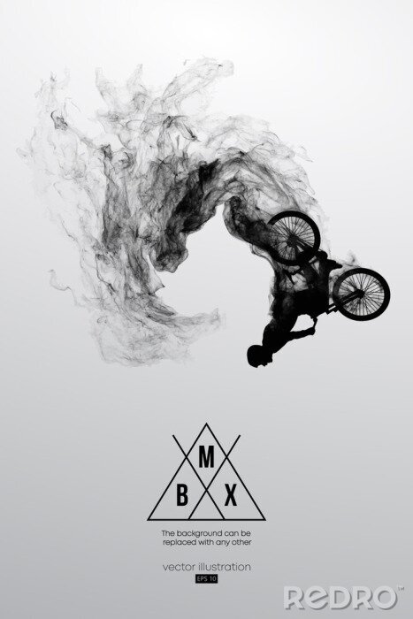 Poster  Abstract silhouette of a bmx rider on the white background from particles, dust, smoke, steam. Bmx rider jumps and performs the trick. Background can be changed to any other. Vector illustration
