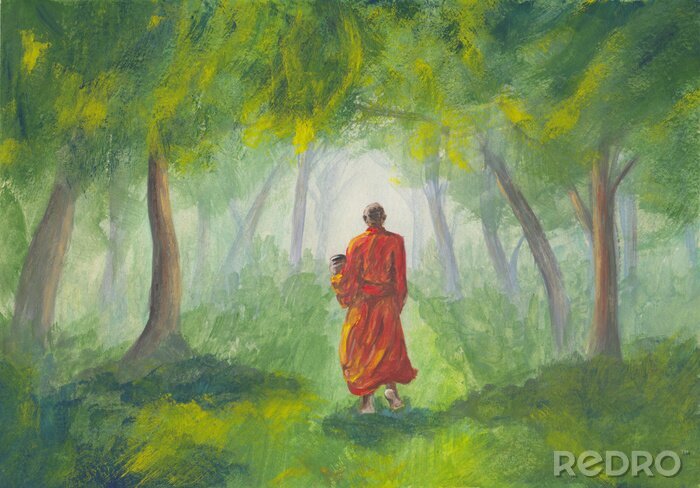 Poster  Acrylics painting of asian forest & walking  Buddhist monk in orange robe with alms bowl at dawn. Oriental style landscape with trees. Concept for decoration, relax, restore, meditation background.