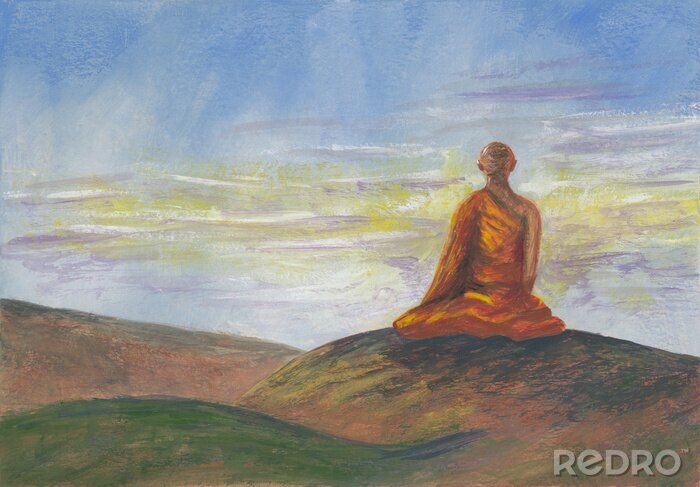 Poster  Acrylics painting of asian mountains, blue sunrise sky & meditating Buddhist monk in orange robe. Hand drawn oriental style landscape with layers of rocks. Concept for restore, meditation background.