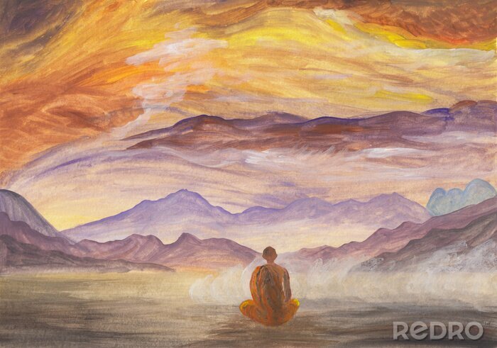Poster  Acrylics painting of asian mountains & meditating Buddhist monk in orange robe. Hand drawn oriental style landscape with layers of rocks. Concept for decoration, relax, restore, meditation background.
