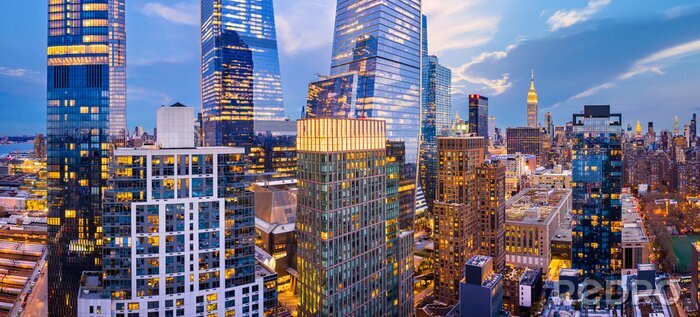 Poster  Aerial panorama of New York City skyscrapers at dusk as seen from above the 29th street, close to Hudson Yards and Chelsea neighborhood