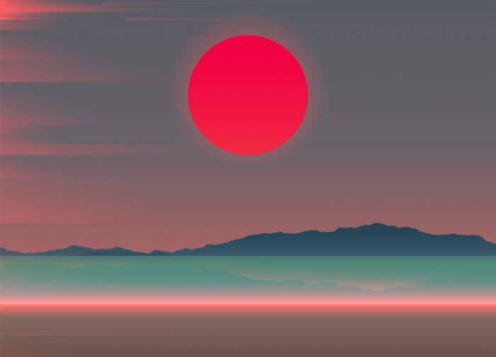 Poster  Aesthetic beach scene landscape with big red sunset and light leak overlay, soft cool pastel gradient summer vibe