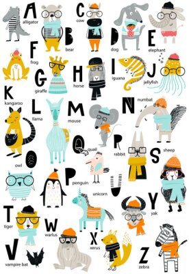 Poster  Affiche d'alphabet zoo vecteur mignon avec des lettres latines et des animaux de dessin animé. Ensemble d'éléments abc enfants dans un style scandinave