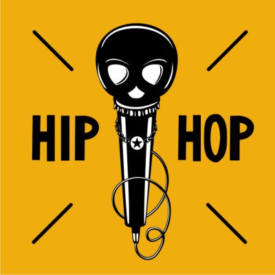 Poster  Affiche de fête hip-hop avec microphone et crâne. Illustration de rap avec tête noire. Signe de vecteur