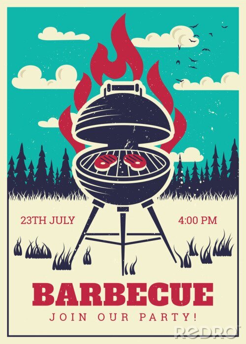 Poster  Affiche de soirée barbecue vintage. Hamburgers grillés délicieux, carte d'invitation vecteur barbecue familial