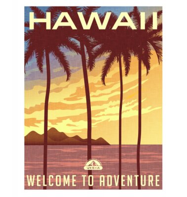 Poster  Affiche de Voyage de style rétro ou un autocollant. États-Unis, Hawaii coucher du soleil et de palmiers.