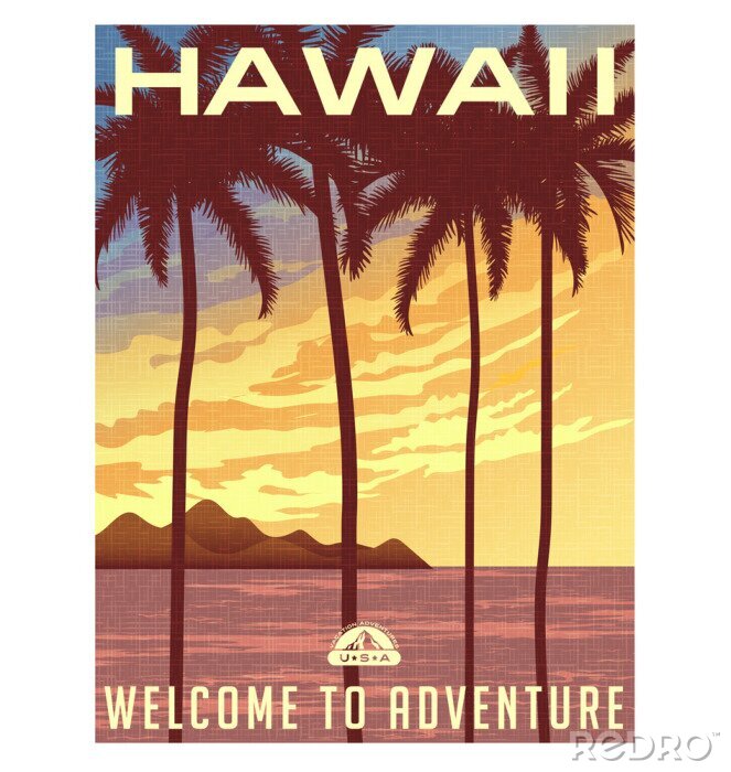 Poster  Affiche de Voyage de style rétro ou un autocollant. États-Unis, Hawaii coucher du soleil et de palmiers.