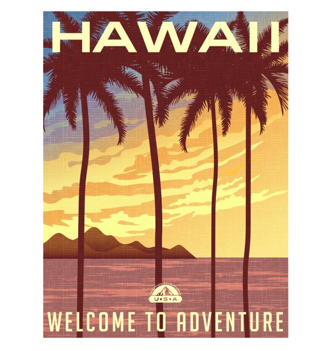 Poster  Affiche de Voyage de style rétro ou un autocollant. États-Unis, Hawaii coucher du soleil et de palmiers.