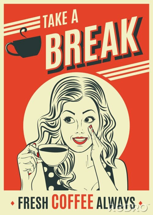 Poster  affiche publicitaire café publicitaire avec femme pop art