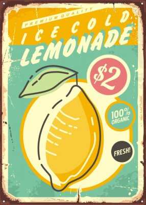 Poster  Affiche publicitaire promotionnelle de limonade avec des fruits de citron frais et juteux. Vintage signe pour la limonade glacée.