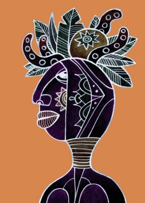 Poster  African woman with tropical fruit and leaves on her head. Tribal hand drawn illustration.