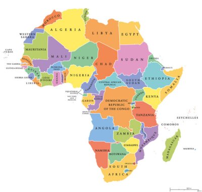 Poster  Afrique unique états politique carte. Chaque pays avec sa propre zone de couleur. Avec les frontières nationales sur fond blanc. Continent, y compris Madagascar et les nations insulaires. Étiquetage a
