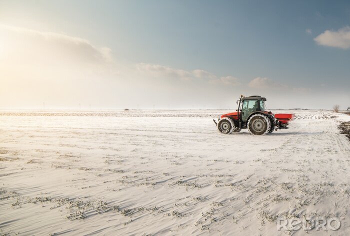 Poster  Agriculteur avec un semoir de tracteur - semer des cultures dans les champs agricoles en hiver