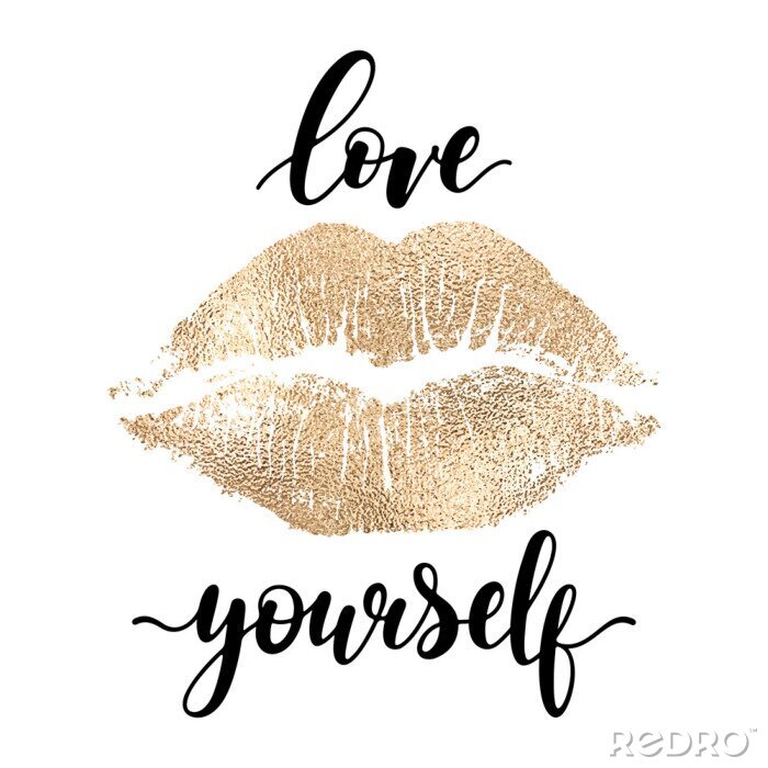 Poster  Aimez-vous - lettrage noir écrit à la main avec empreinte de lèvre dorée isolé sur blanc backgroun. Conception de vecteur moderne, inscription décorative, affiche de motivation.