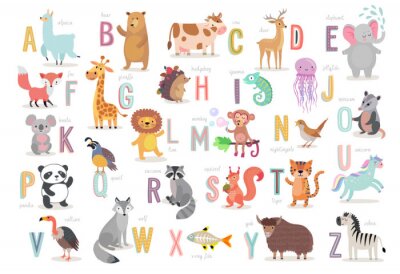 Alphabet animaux mignons pour l'éducation des enfants. Personnages de style dessinés à la main drôle.