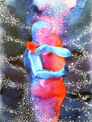 Poster  amant de couple étreindre dans l'esprit libre abstrait de l'univers, à l'intérieur de votre monde illustration de conception de peinture aquarelle