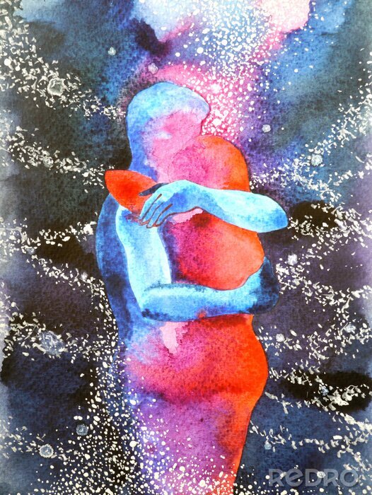 Poster  amant de couple étreindre dans l'esprit libre abstrait de l'univers, à l'intérieur de votre monde illustration de conception de peinture aquarelle