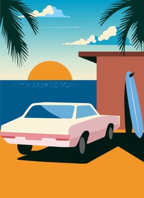 Poster  Ambiance de vacances avec une voiture rose