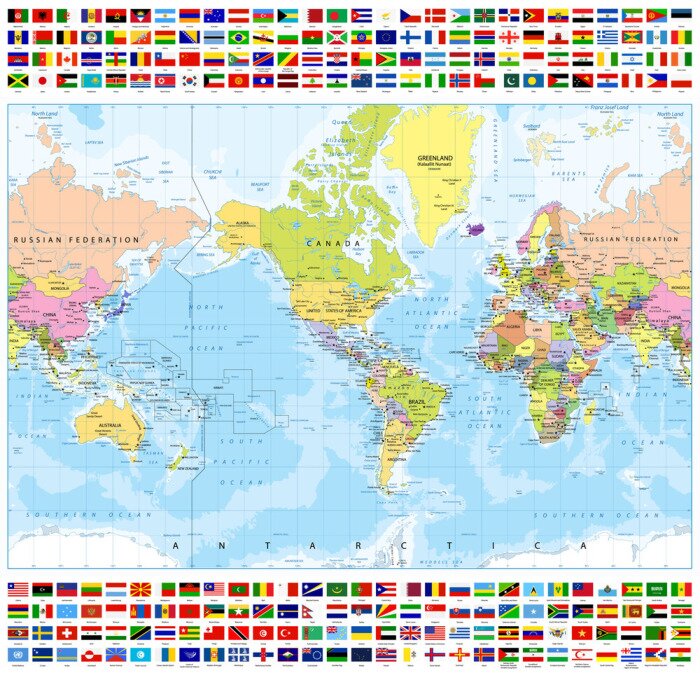 Poster  Amérique Centrale Carte du monde politique et tous les pays du monde Drapeaux-bathymétrie