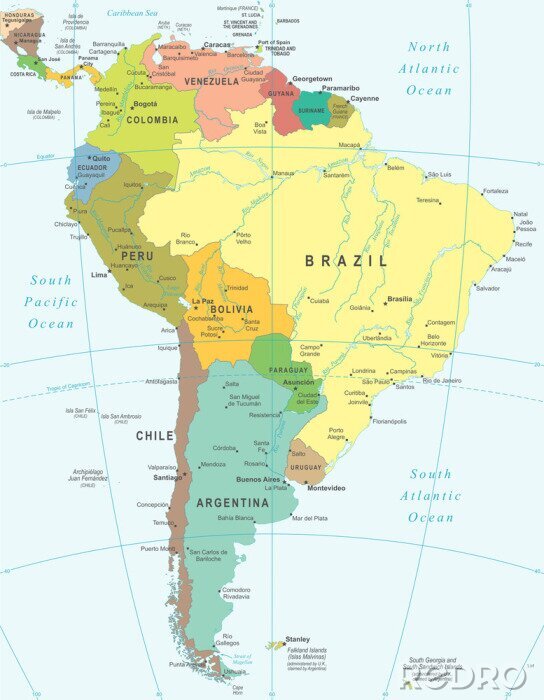 Poster  Amérique du Sud carte - très détaillées illustration vectorielle.