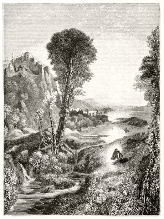 Poster  Ancient grayscale etching style illustration of a majestic natural landscape at sunset with a river leading to the sun. By Marvy after Turner publ. on Magasin Pittoresque Paris 1848