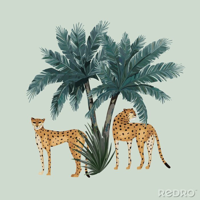 Poster  Animal pattern with leopards and palm trees. Vector illustration. Vintage print