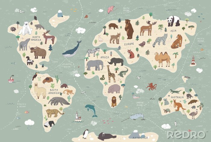 Poster  Animals vector hand drawn world map