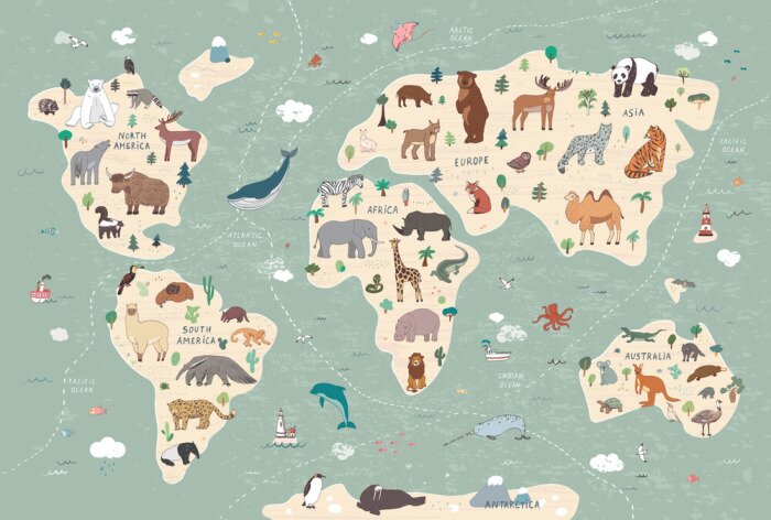 Poster  Animals vector hand drawn world map