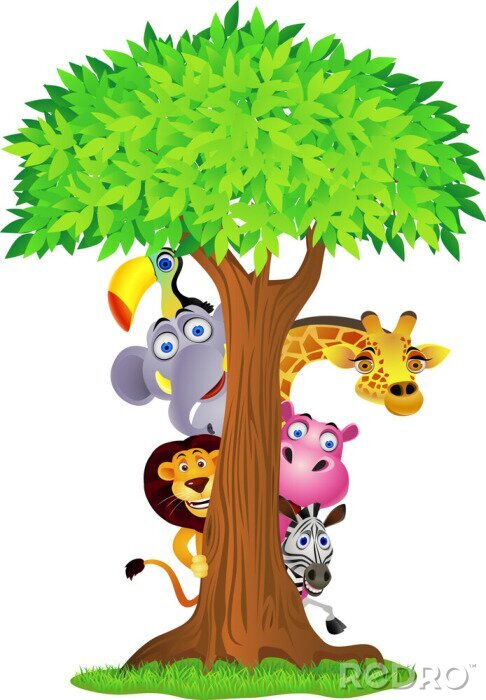 Poster  Animaux africains se cachant derrière un arbre