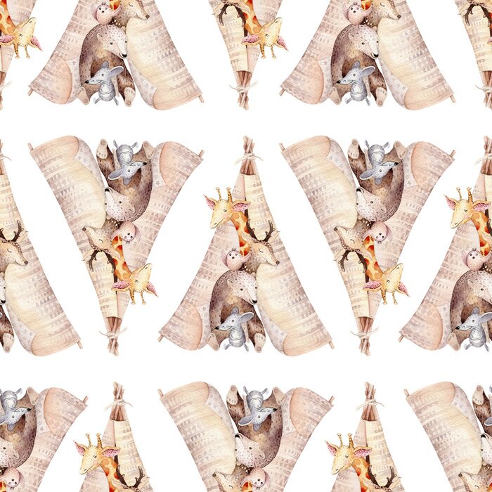 Poster  Animaux de différentes espèces dans un wigwam indien