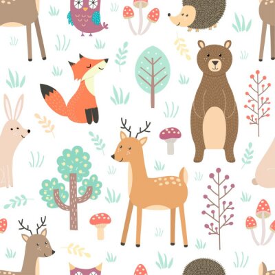 Papier peint à motif  Animaux de la forêt sur un fond blanc