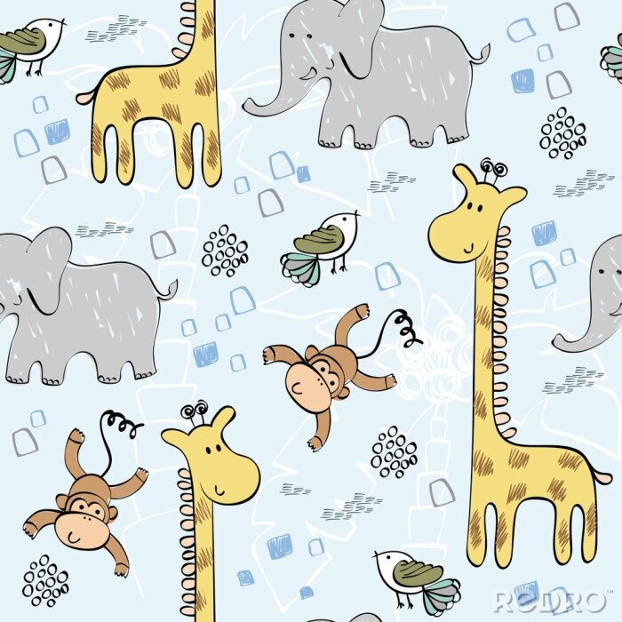 Poster  Animaux de safari sur fond bleu avec palmiers