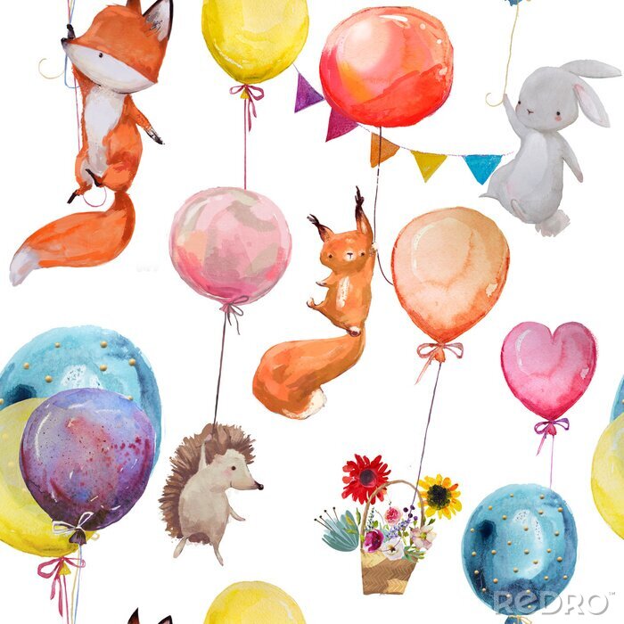 Poster  Animaux et ballons colorés version aquarelle