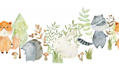 Papier peint  Animaux et plantes de la forêt de conte de fées sur fond blanc