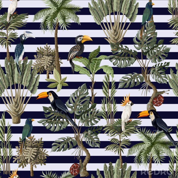 Poster  Animaux et plantes tropicales sur fond rayé