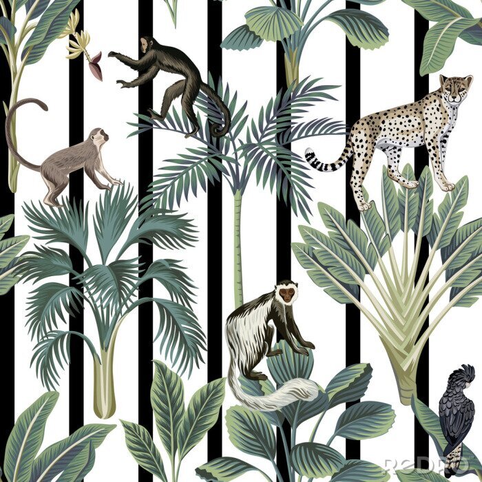 Poster  Animaux et plantes tropicales sur fond rayé