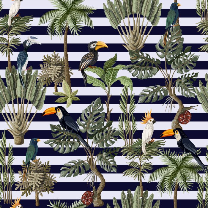 Poster  Animaux et plantes tropicales sur fond rayé