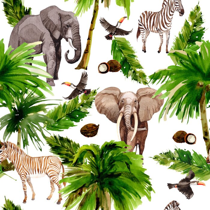 Poster  Animaux exotiques sur fond blanc