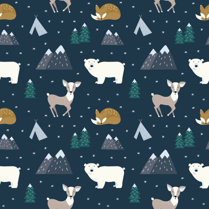 Poster  Animaux scandinaves dessinés à la main dans la forêt, modèle sans couture. Motifs traditionnels de style scandinave. Illustration vectorielle