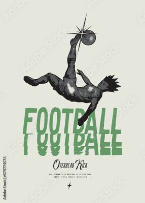 Poster  Anime Football. Soccer player kicking ball overhead. Football vintage typography silkscreen t-shirt print vector illustration