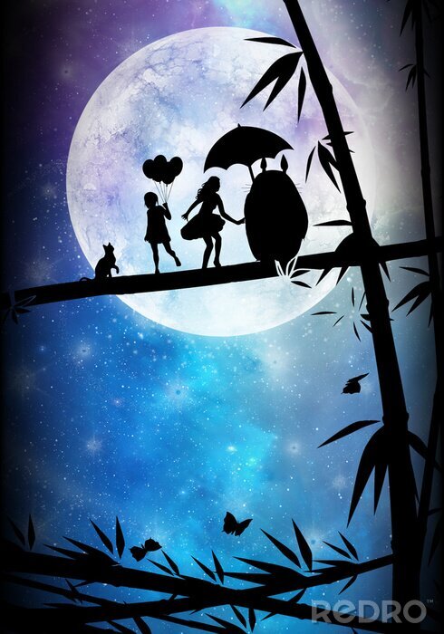 Poster  Anime personnages avec la lune en arrière-plan