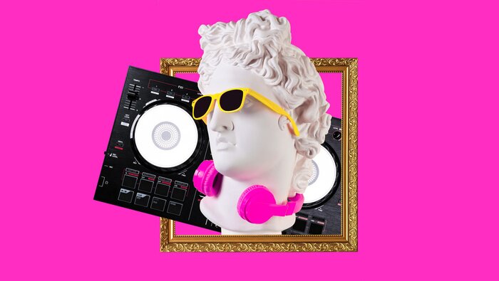 Poster  Apollo in headphones and sunglasses on a pink background. Concept art collage. Poster design.