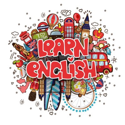 Poster  Apprendre l'anglais concept éducatif et de voyage. Illustration de dessin animé anglais vector. Ensemble d'objets de dessin animé amusant avec une phrase sur Apprendre l'anglais - Concept de cours d'a