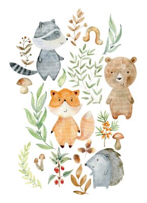 Poster  Aquarelle avec des animaux de la forêt