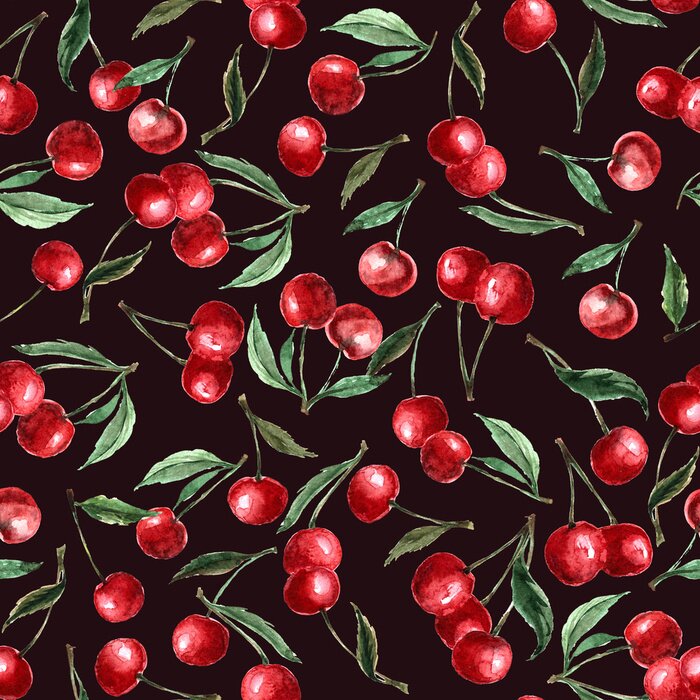 Poster  Aquarelle baie cerise modèle sans couture et les feuilles. Fond répété. Illustration dessinée à la main isolée sur un fond claret.